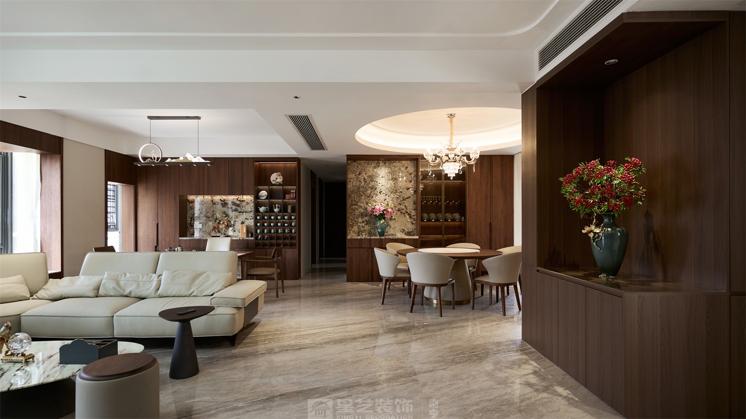 东方皇城260平简约中式客餐厅完工装修实景图