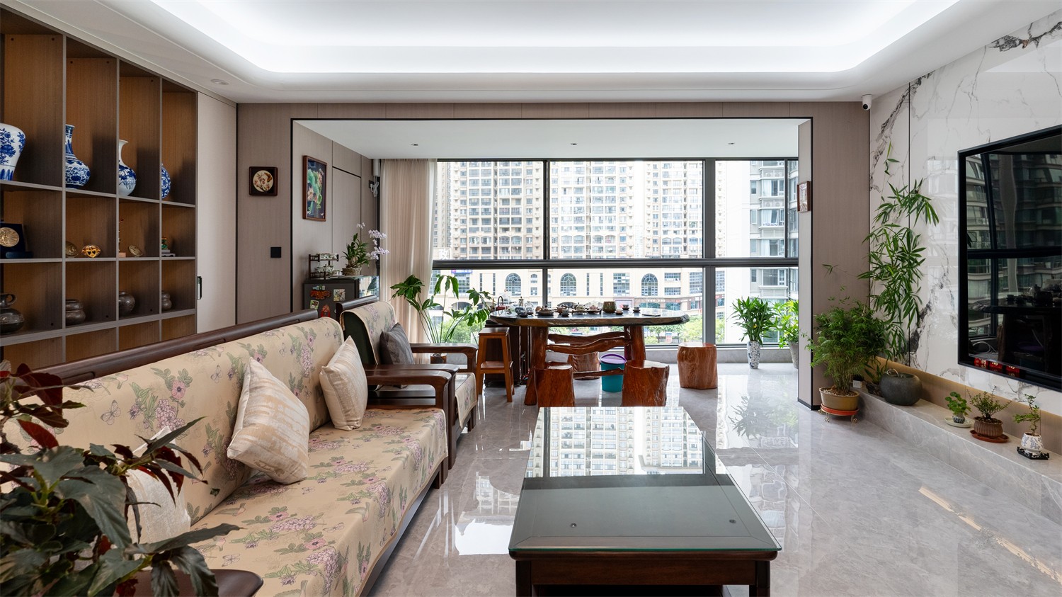 建发缦云210平新中式客厅装修完工实景图